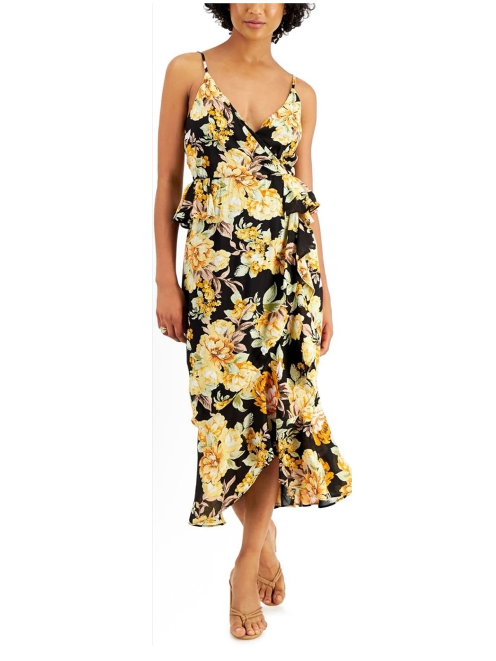 BARDOT Women’s Size S Black Yellow Floral Sleeveless Faux Wrap Peplum Midi Dress